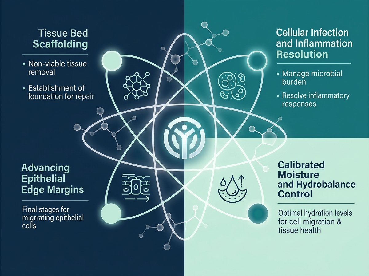 TIME Framework four-part matrix showing Tissue bed, Cellular infection resolution, Moisture control, and Advancing edge