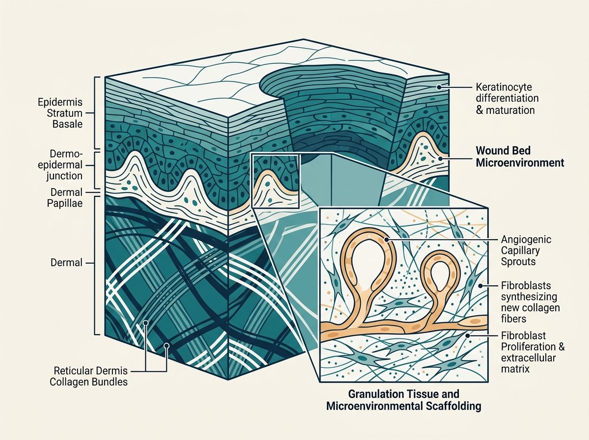 Educational diagram showing histological tissue layers, dermo-epidermal junction, and granulation microenvironment
